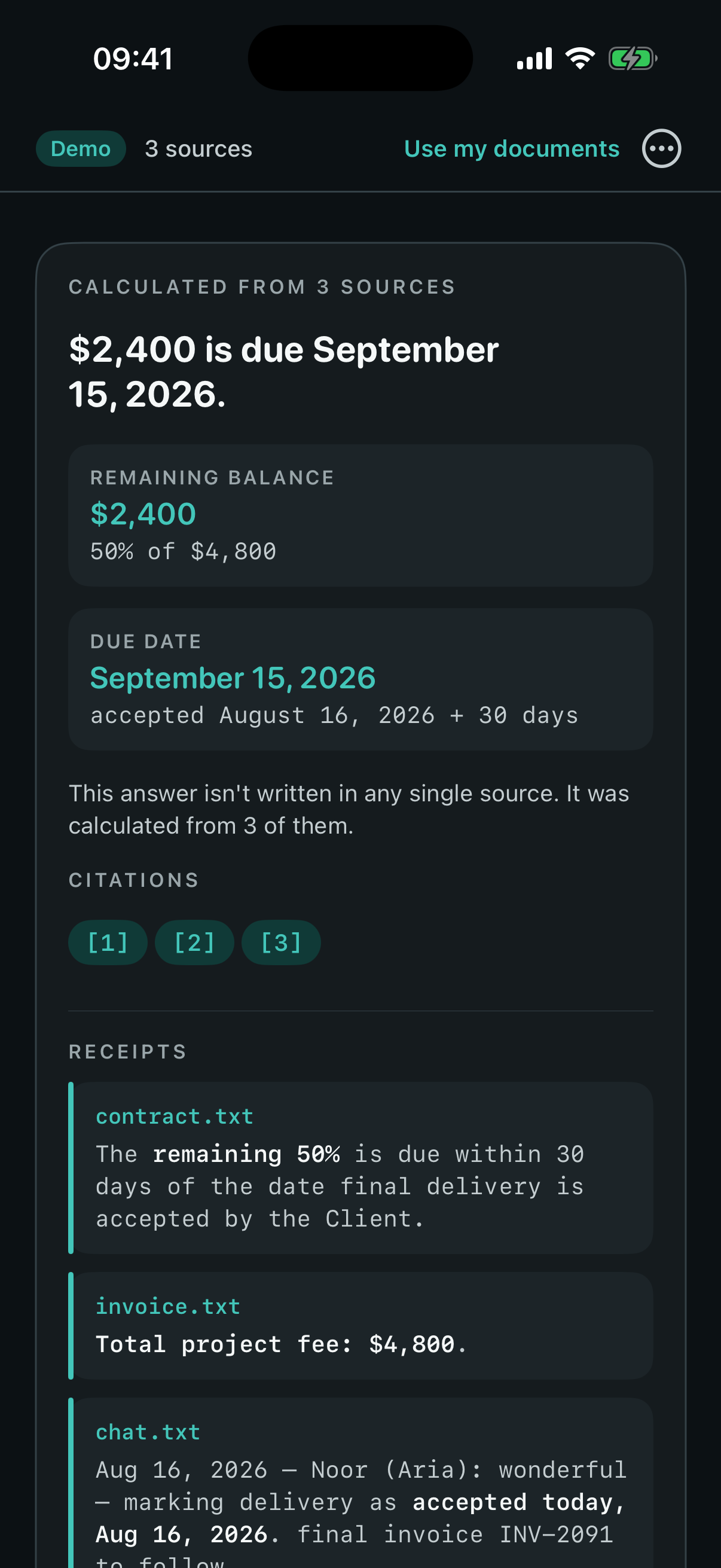 ManyKind showing that $2,400 is due September 15 with the supporting receipts